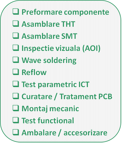 Preformare componente, Asamblare THT, THD, PTH, SMT, SMD, Inspectie vizuala, AOI, Wave soldering, Reflow, Testare Parametrica, ICT, Tratament PCB, Montaj Mecanic, Test Functional, Ambalare, Etichetare, Accesorizare