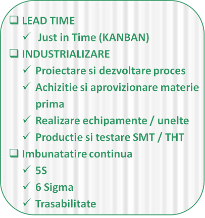 Lead Time, Just in Time, Kanban, Industrializare, Proiectare si Dezvoltare Proces, Achizitie si aprovizionare materie prima, materiale, componente, Realizare echipamente si unelte, Productie si Testare, Imbunatatire continua, 5S, 6Sigma, Trasabilitate 
